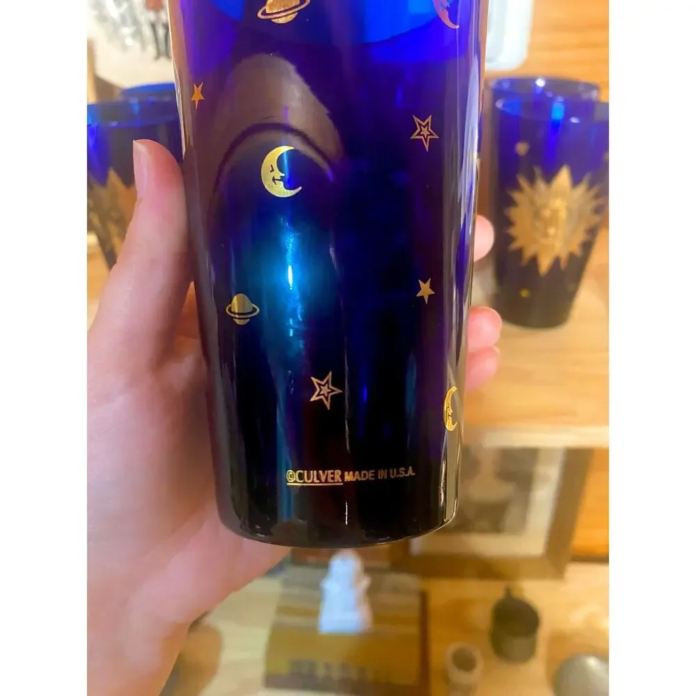 Vintage Culver Celestial Cobalt Blue Glassware Set 22K Gold Sun Moon Stars
